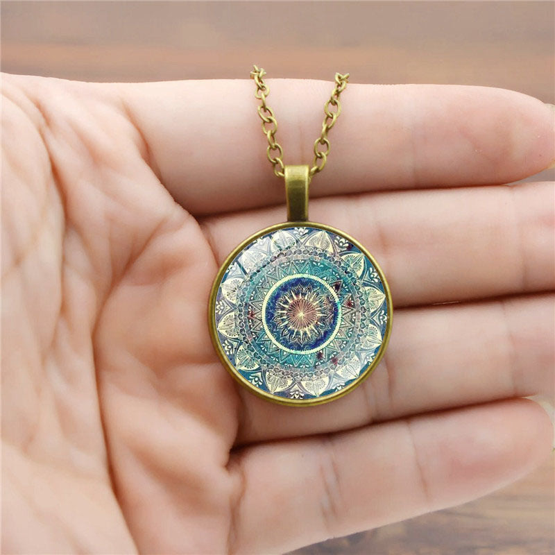 Mandala Yoga Time Gemstone Necklace, Fashion Glass Pendant Necklace, European and American Jewelry