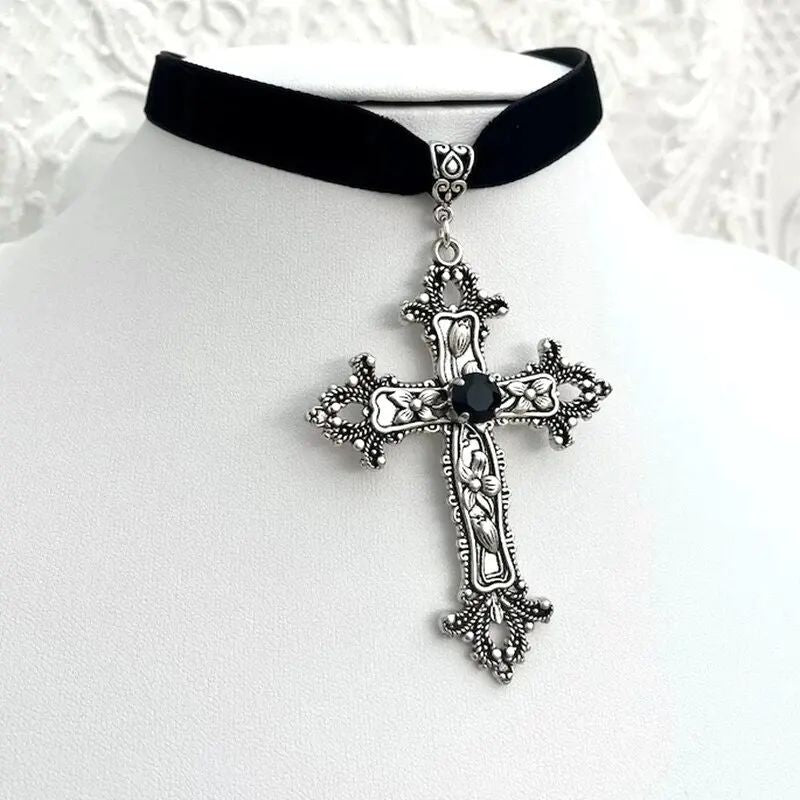 Gothic vintage cross pendant necklace, black velvet choker, unisex dark-themed jewelry.