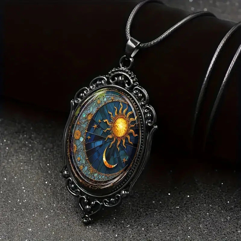A captivating oval glass pendant necklace - Sun and moon jewelry in a mesmerizing black frame.