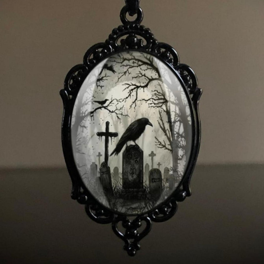 Retro Gothic style bat castle raven cross blood black cat church cemetery vampire vintage necklace