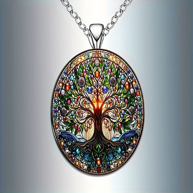 Tree of Life Oval Glass Pendant Necklace, Elegant Vintage Romantic Jewelry