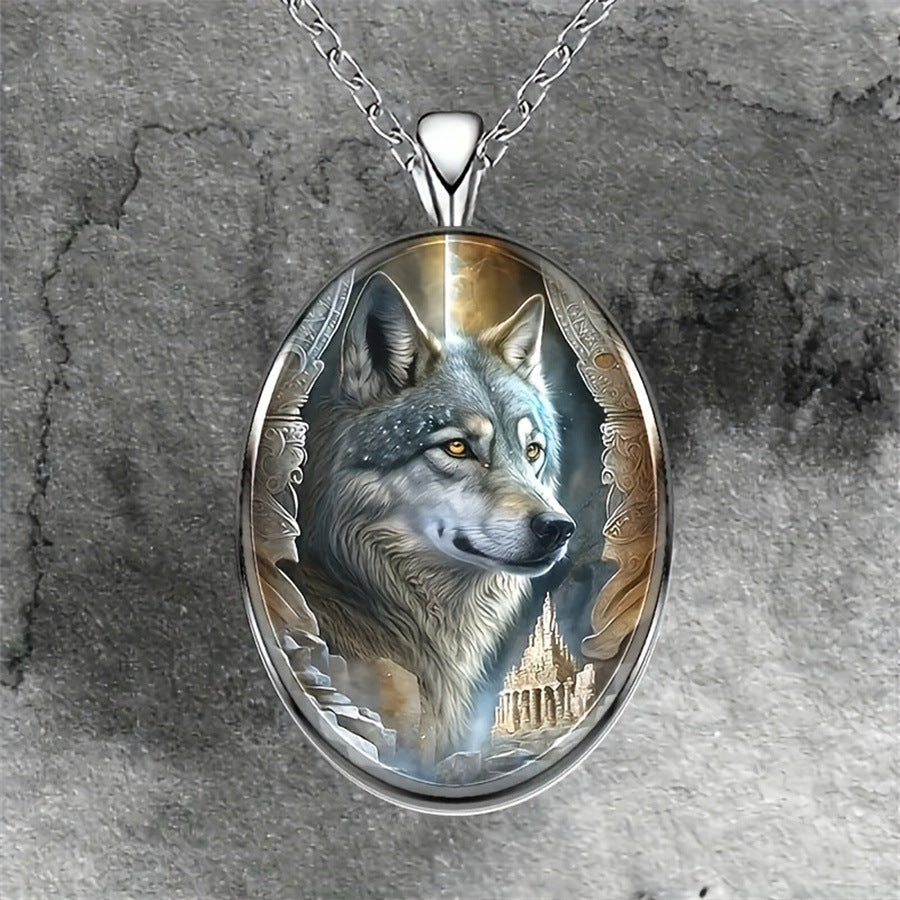 A unique oval pendant necklace featuring a wolf motif, suitable for both men and women.