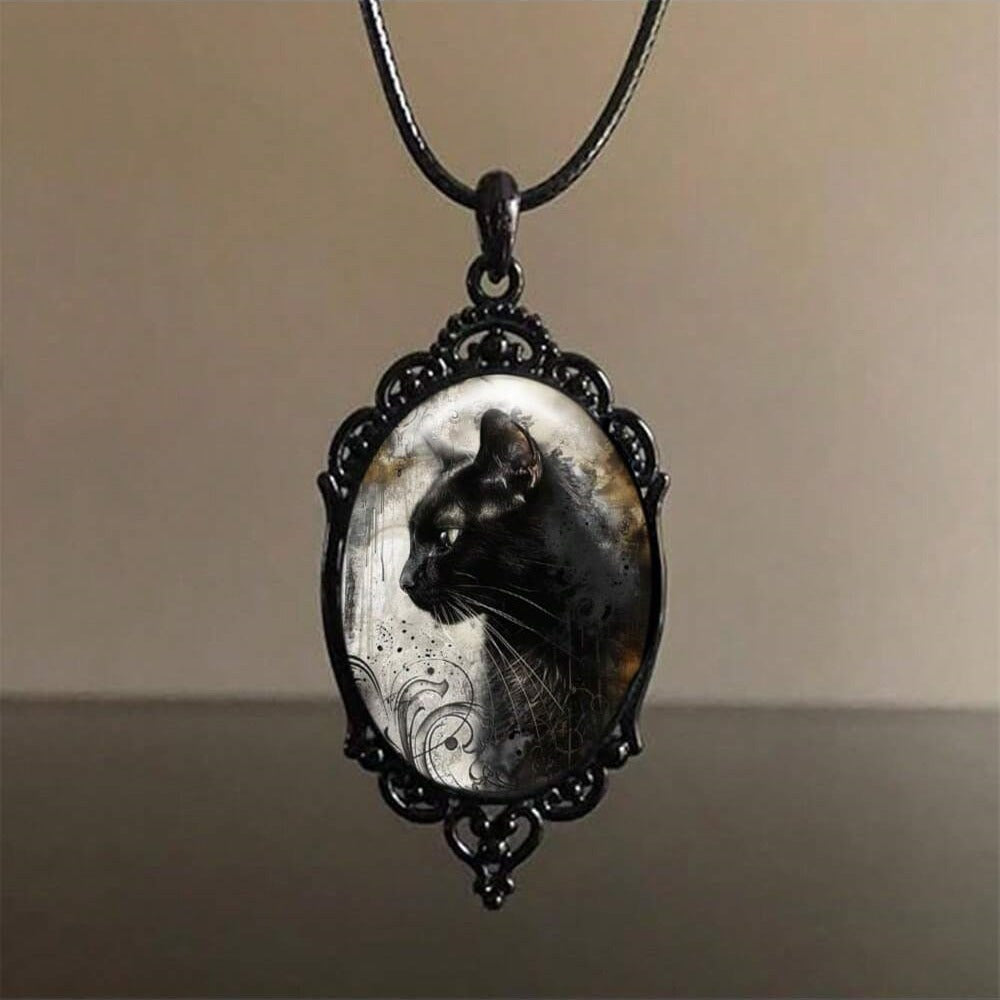 Gothic black cat necklace set, Halloween vintage black cat pendant, wholesale Halloween costume accessories