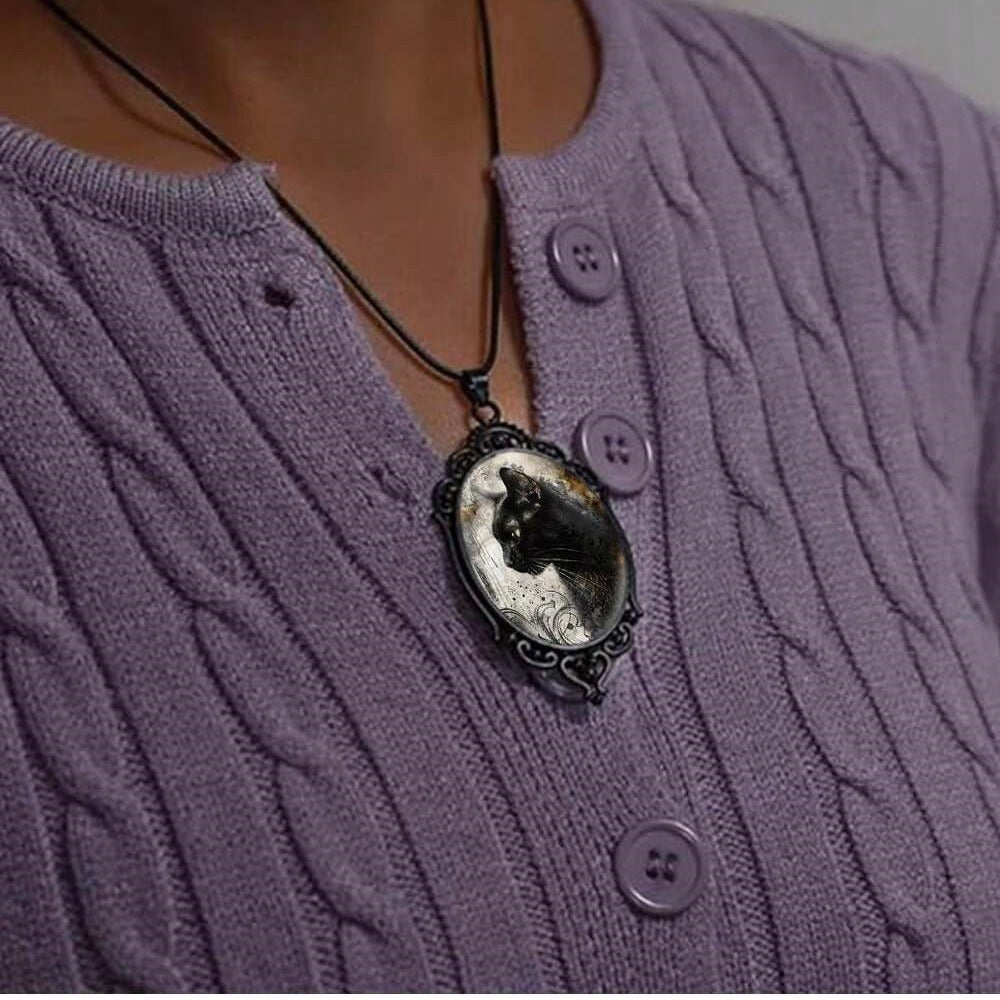 Gothic black cat necklace set, Halloween vintage black cat pendant, wholesale Halloween costume accessories