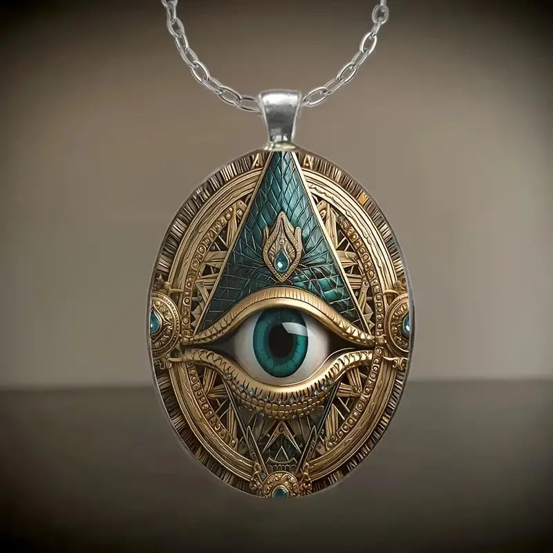 Stylish Eye Pattern Pendant Necklace - Elegant Oval Amulet Design with Silver Plated Alloy and Glass Mosaic