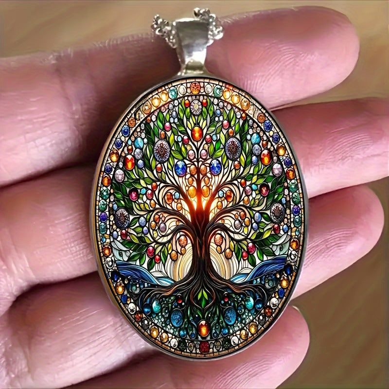 Tree of Life Oval Glass Pendant Necklace, Elegant Vintage Romantic Jewelry