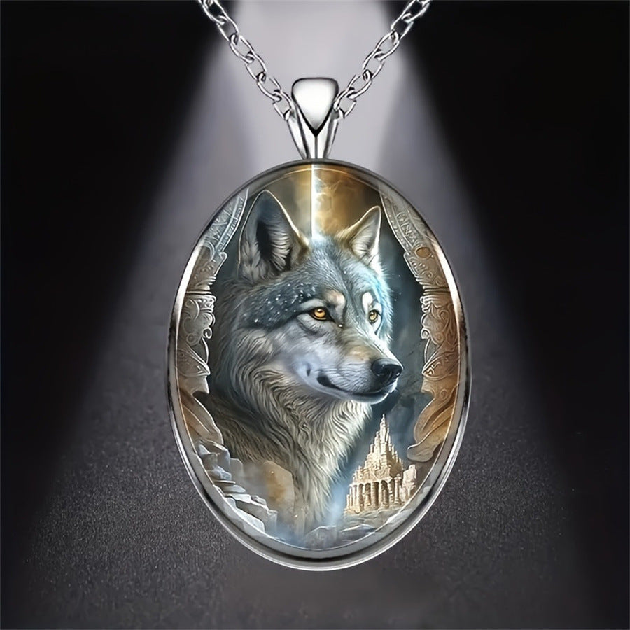 A unique oval pendant necklace featuring a wolf motif, suitable for both men and women.