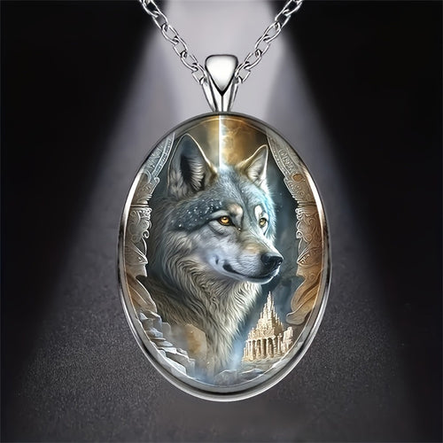 A unique oval pendant necklace featuring a wolf motif, suitable for both men and women.