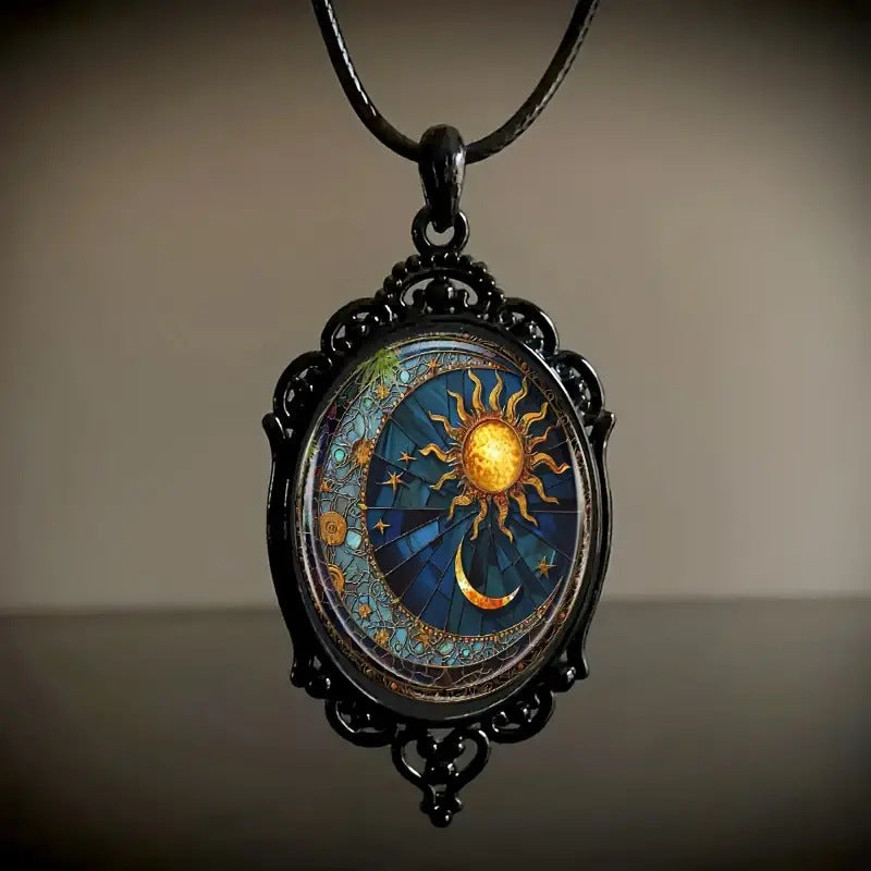 A captivating oval glass pendant necklace - Sun and moon jewelry in a mesmerizing black frame.