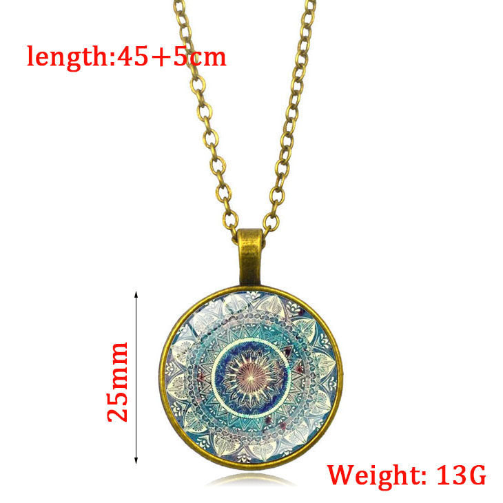 Mandala Yoga Time Gemstone Necklace, Fashion Glass Pendant Necklace, European and American Jewelry