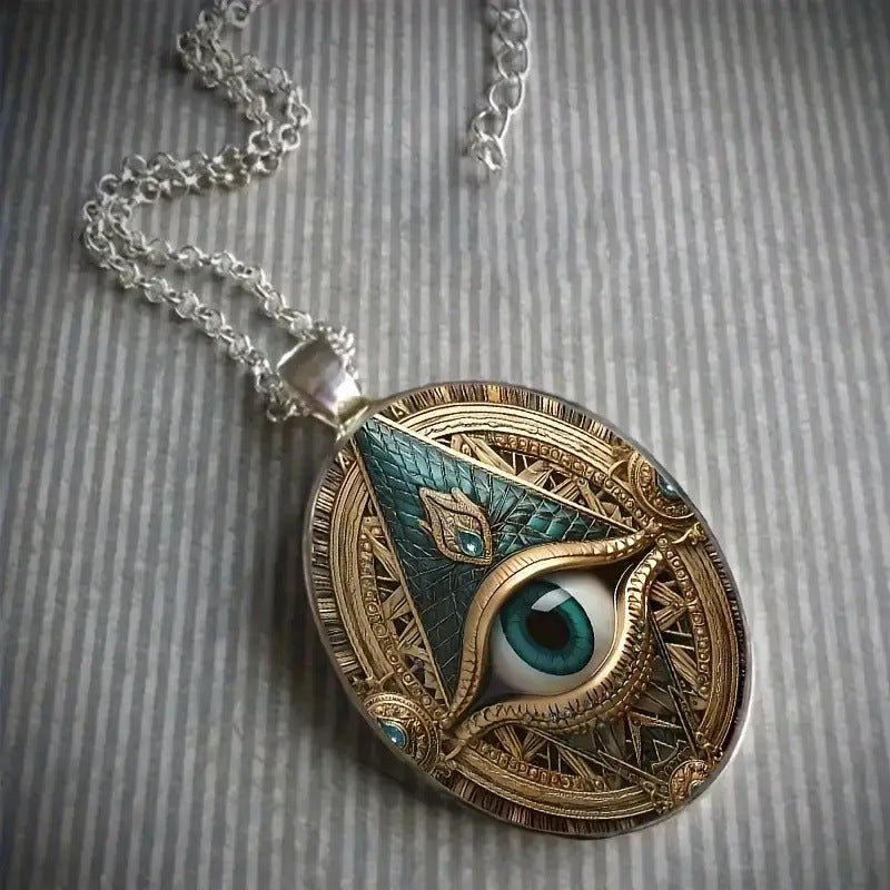 Stylish Eye Pattern Pendant Necklace - Elegant Oval Amulet Design with Silver Plated Alloy and Glass Mosaic