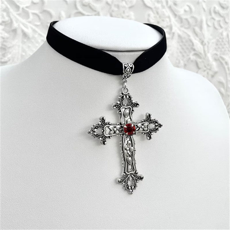 Gothic vintage cross pendant necklace, black velvet choker, unisex dark-themed jewelry.