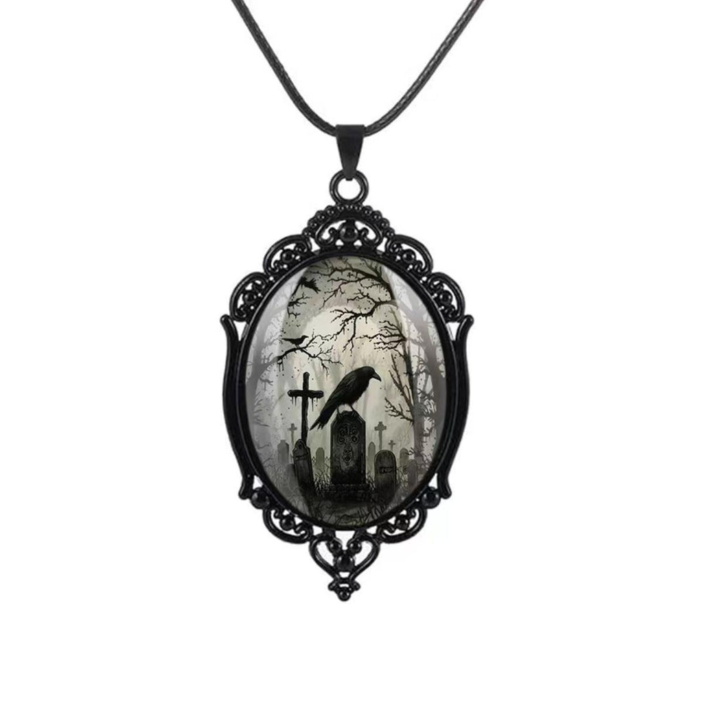 Retro Gothic style bat castle raven cross blood black cat church cemetery vampire vintage necklace