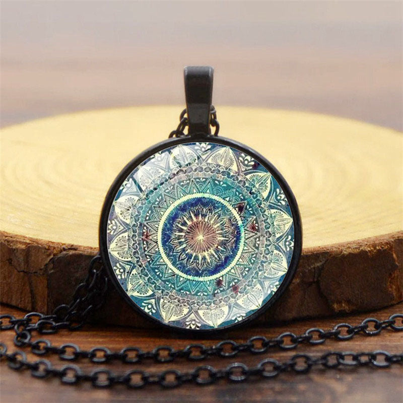 Mandala Yoga Time Gemstone Necklace, Fashion Glass Pendant Necklace, European and American Jewelry