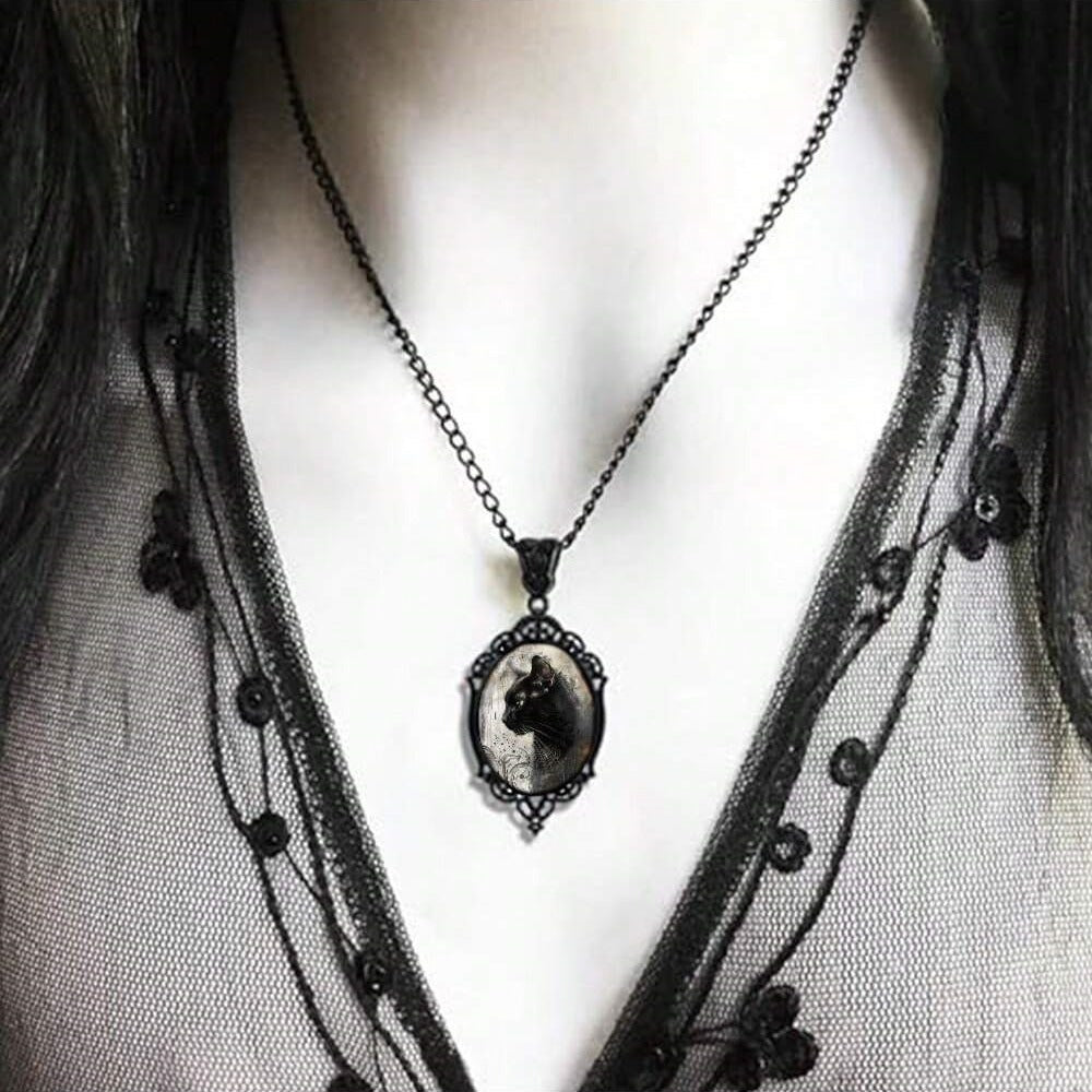 Gothic black cat necklace set, Halloween vintage black cat pendant, wholesale Halloween costume accessories