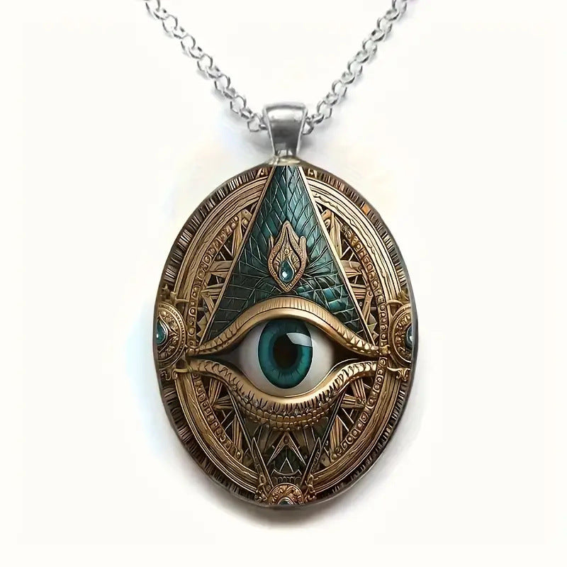 Stylish Eye Pattern Pendant Necklace - Elegant Oval Amulet Design with Silver Plated Alloy and Glass Mosaic