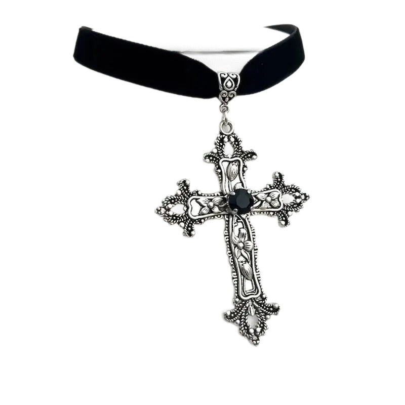 Gothic vintage cross pendant necklace, black velvet choker, unisex dark-themed jewelry.