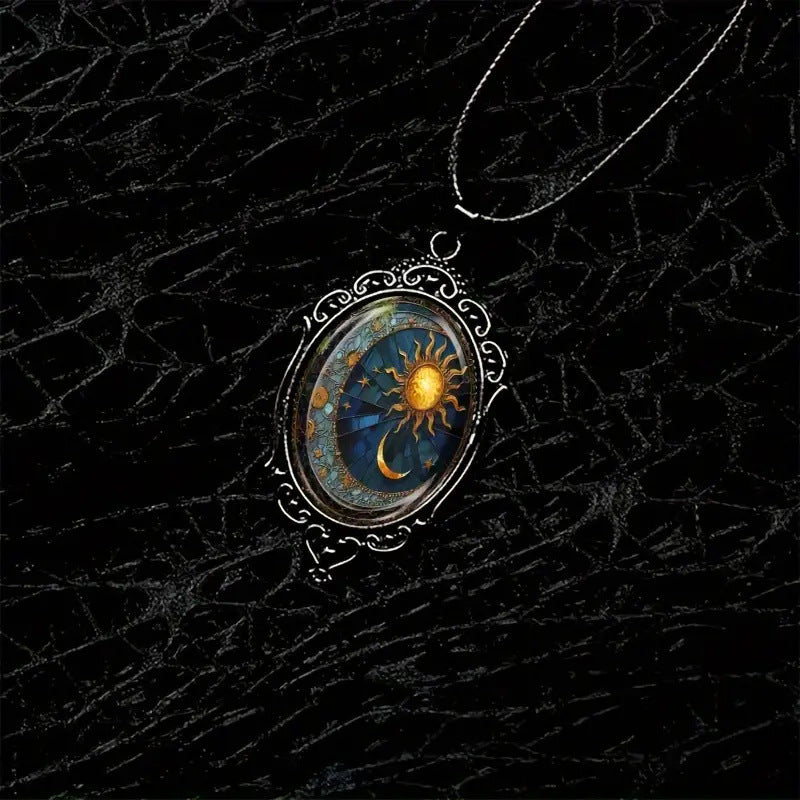 A captivating oval glass pendant necklace - Sun and moon jewelry in a mesmerizing black frame.