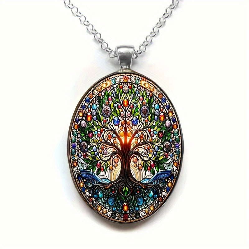 Tree of Life Oval Glass Pendant Necklace, Elegant Vintage Romantic Jewelry