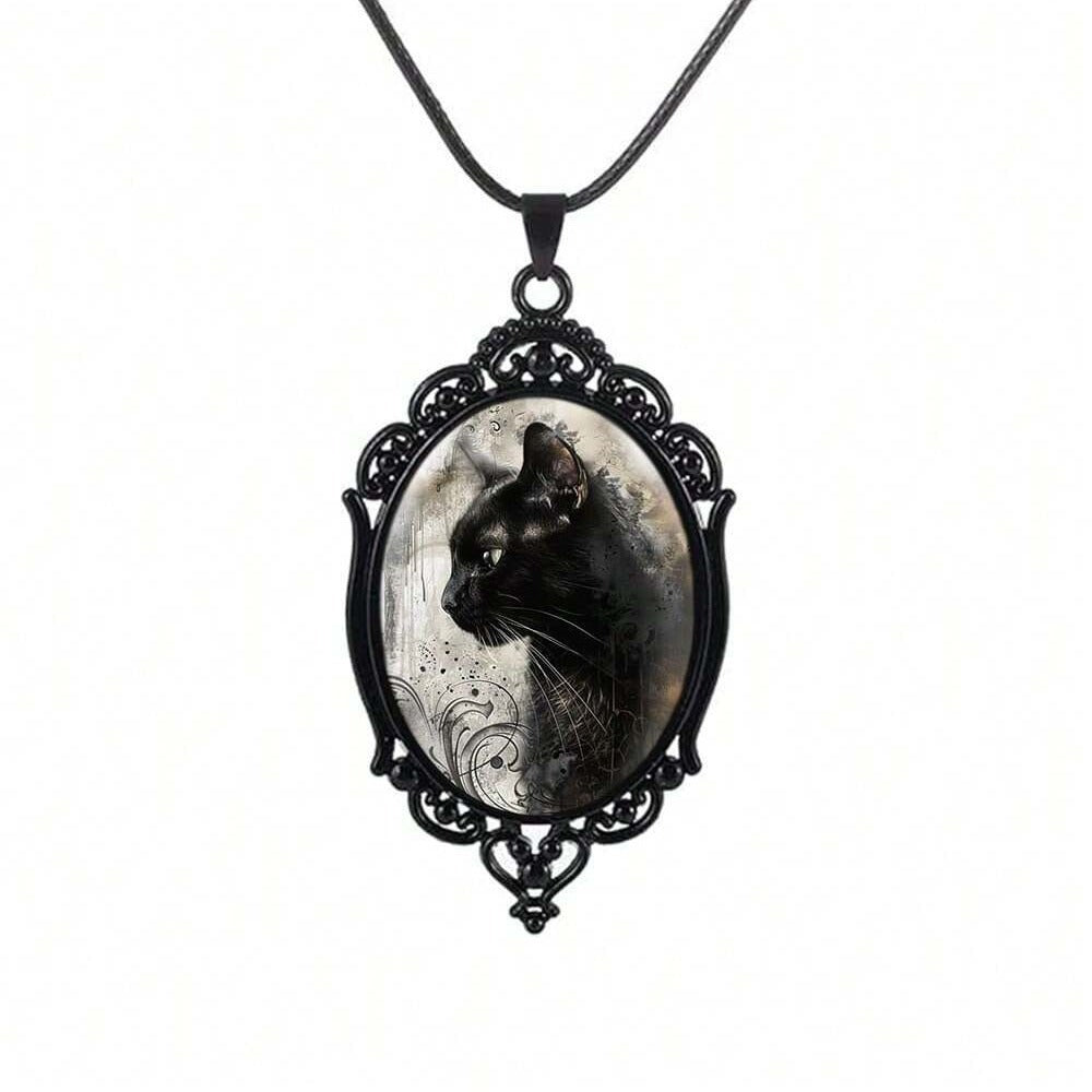 Gothic black cat necklace set, Halloween vintage black cat pendant, wholesale Halloween costume accessories