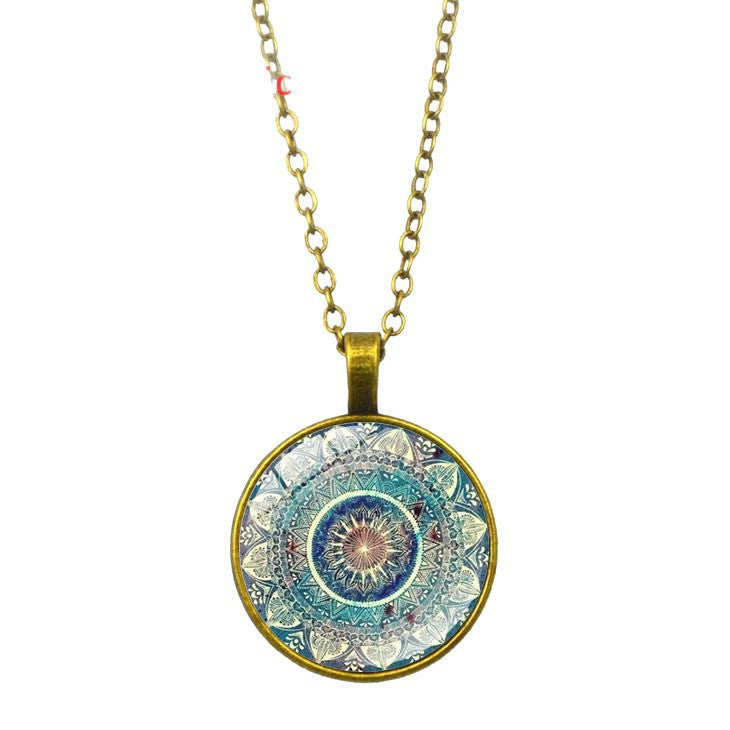 Mandala Yoga Time Gemstone Necklace, Fashion Glass Pendant Necklace, European and American Jewelry