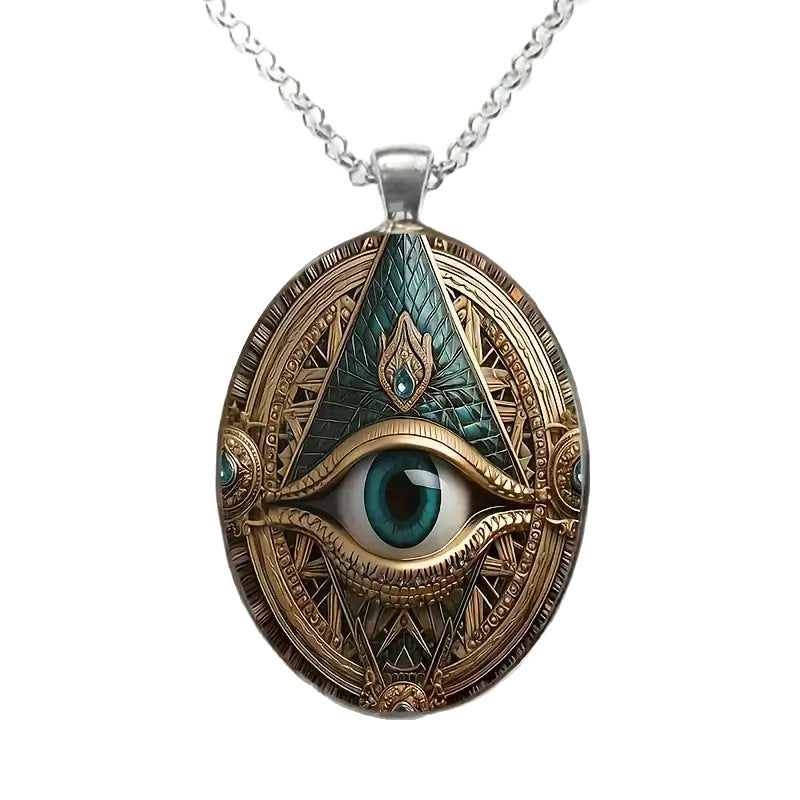 Stylish Eye Pattern Pendant Necklace - Elegant Oval Amulet Design with Silver Plated Alloy and Glass Mosaic