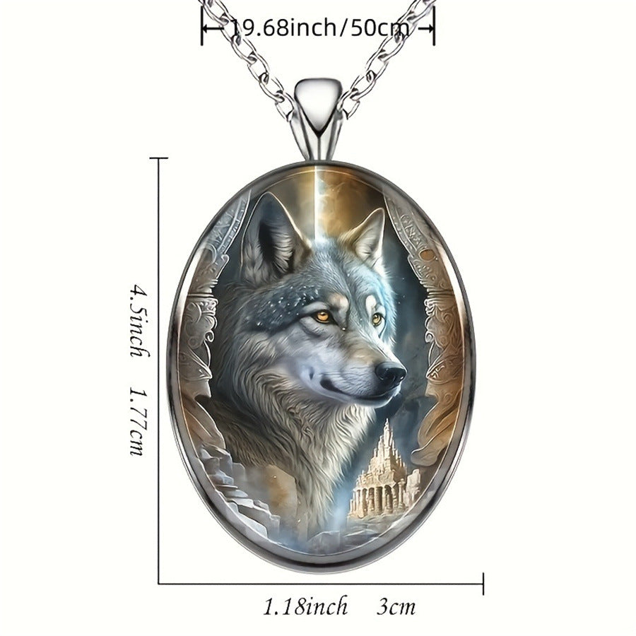 A unique oval pendant necklace featuring a wolf motif, suitable for both men and women.