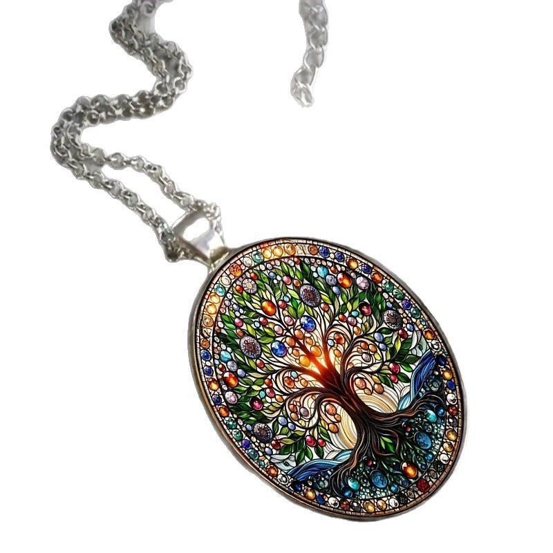 Tree of Life Oval Glass Pendant Necklace, Elegant Vintage Romantic Jewelry